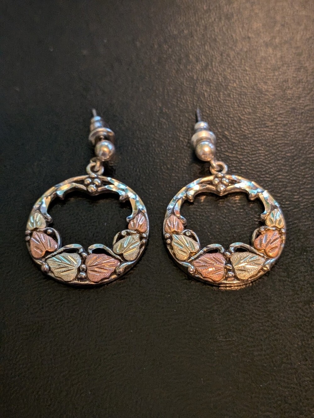 WM Vintage Sterling 12K Black Hills Gold Leaf Hoop Earrings